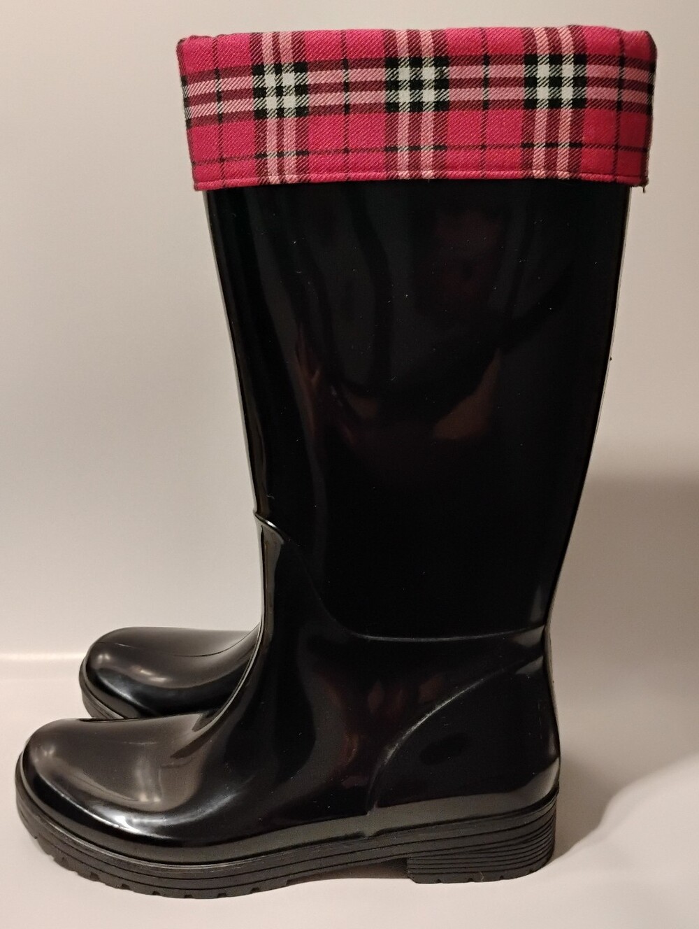 Sohne Rain Boots Rubbery Waterproof Plaid Cuff All Year Wellies Black Pink 9